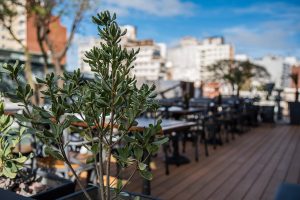 Terraza de García Punta Carretas con deck de madera, mesas al aire libre y plantas, en un día soleado en Montevideo.